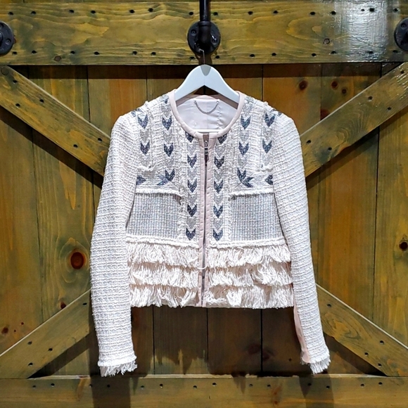 REBECCA TAYLOR PINK TWEED BLAZER WOOL LEATHER BLEND  FRINGE POWDER PINK - Picture 1 of 9